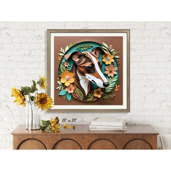 Greyhound Papercut Art: 12x12 Brindle Dog Pet Portrait Digital Print, Whippet - Picture 3 of 7